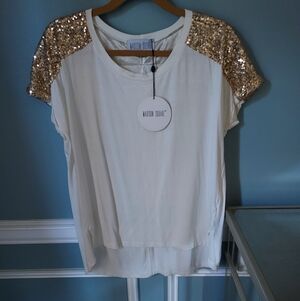 Off White Top with Gold Sequin Sleeves